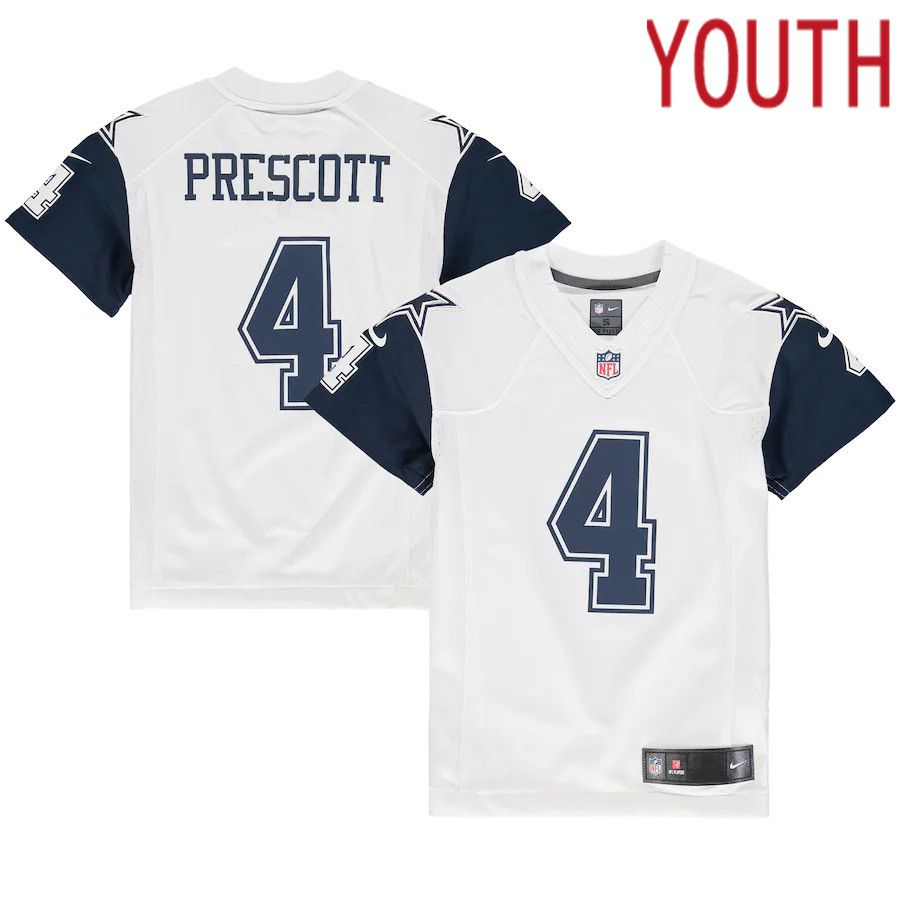 Youth Dallas Cowboys #4 Dak Prescott Nike White Color Rush Game NFL Jersey